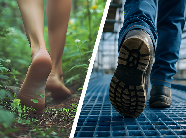 Rozdíl mezi chůzí naboso v lese a chůzí v botách na tvrdém povrchu