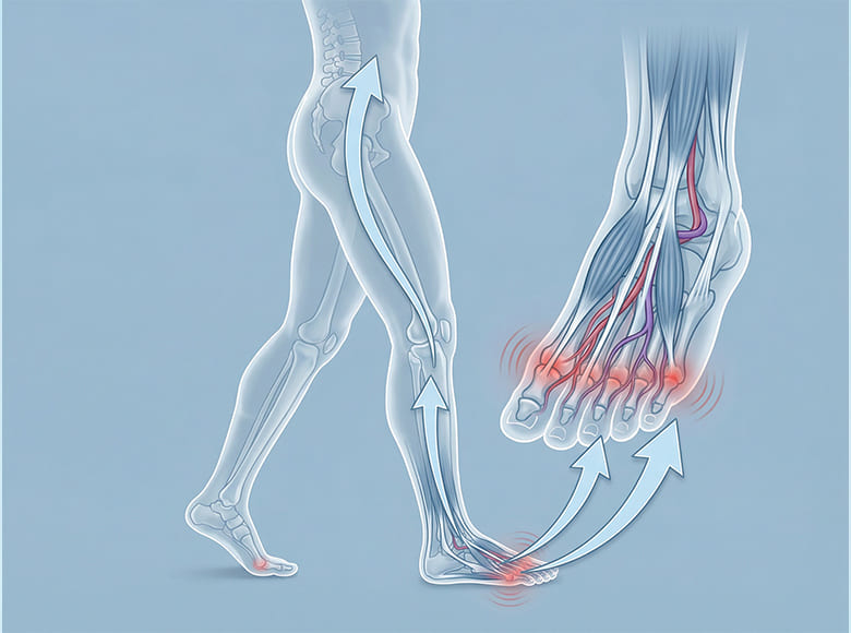 Ilustrace chodidla jako základu kinetického řetězce lidského těla